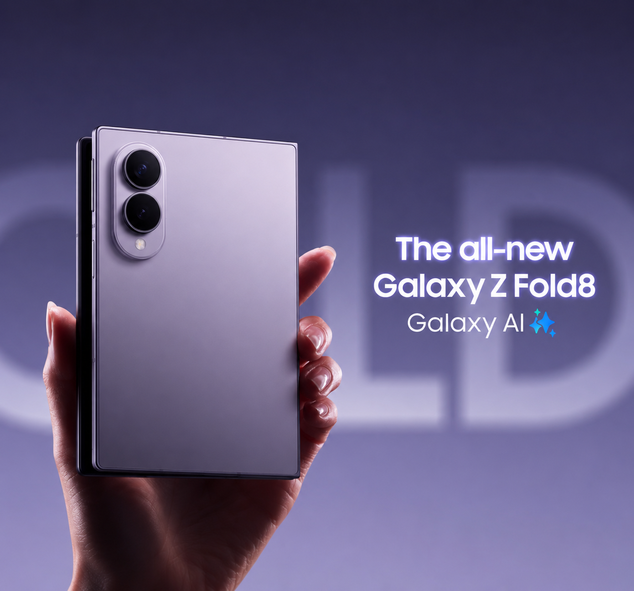 Samsung Galaxy Z Fold8 foldable smartphone with Galaxy AI in Silver Shadow color displayed on a premium purple background.