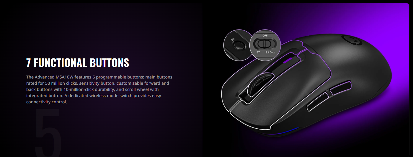 LORGAR Advanced MSA10W Black Wireless Gaming Mouse with RGB Lighting